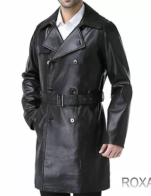 Basic Men Genuine Sheepskin Leather Long Trench Coat Western Pattern Belt Jacket • $197.11
