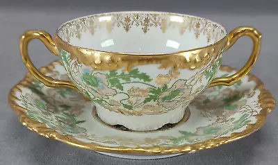 JP Limoges Art Nouveau Pink & Blue Poppies & Gold Bouillon Cup & Saucer B • £120.64