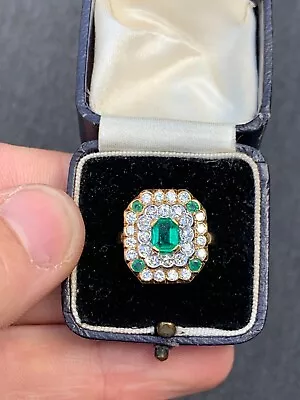 18ct Gold Diamond Natural Emerald Cluster Ring Vintage Boxed 6.3 Grams • £358