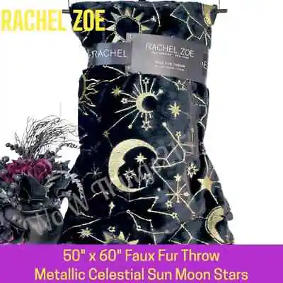 Rachel Zoe Faux Fur Throw Metallic Celestial Sun Moon Stars • $53