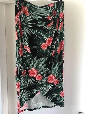 £3 • Buy F &F Tropical Faux Wrap Jersey Midi Summer Skirt Size 12 Red Black Green