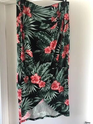 £3 • Buy F &F Tropical Faux Wrap Jersey Midi Summer Skirt Size 12 Red Black Green