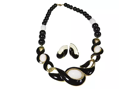 Vintage Black White Cloisonne Enamel Necklace Earrings Set Gold Accent 9  C4782 • $9.55