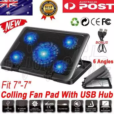 5 Fans LED Adjustable Height Cooler Cooling Pad Laptop Notebook 7 -17  Stand New • $23.75