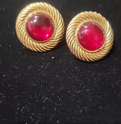 Vintage 80's Monet Large Red Cabochon Golden Byzantine Style Post Earrings • $27.56