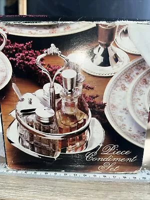 Vintage Glass 7 Piece Condiment Set Salt And Pepper Oil Vinegar Sugar Tray W/box • $18