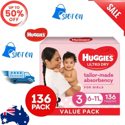 $69.66 • Buy Huggies Ultra Dry Nappies Size 3 6-11kg Girls' Nappies 136pk Contents