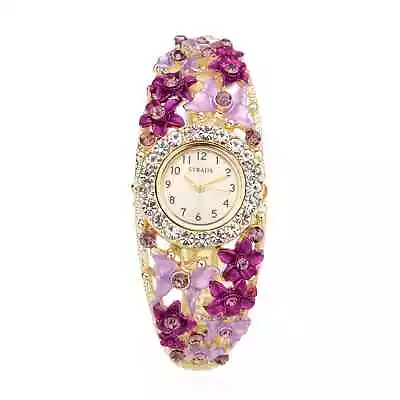 STRADA Japanese Movement Purple Crystal Flower Butterfly Bangle Bracelet Watch • $18.49