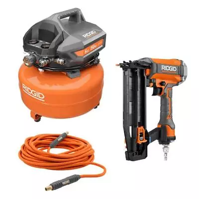 RIDGID 6-Gal Air Compressor W/ 2.5  Straight Finish Nailer + Lay Flat Air Hose • $347.65