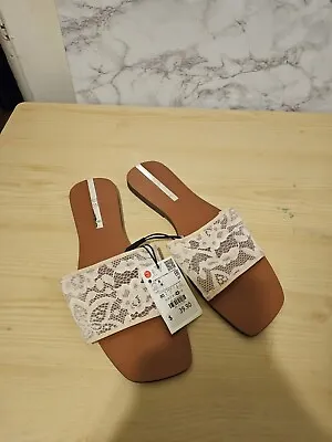 $20 • Buy Zara Womans Slip On Flat Sandals With Lace Toe Strap - Size 9