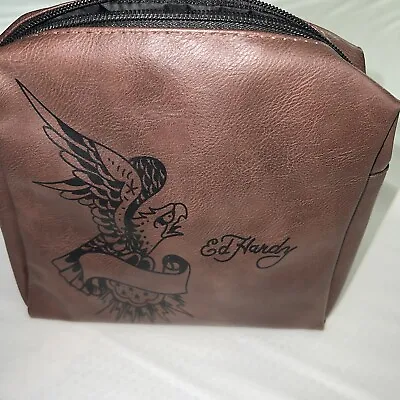 Ed Hardy Eagle With Banner Makeup Bag Brown  Travel Faux Leather A6 • $30