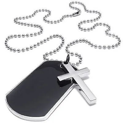 Black Silver Cross Army Style Dog Tag 22 Inch Ball Chain Necklace UK Gift Bag • £4.84