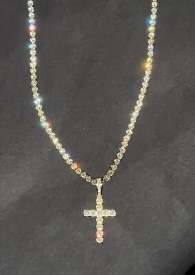 Iced Out Hip Hop Cross Pendant Necklace With 4mm Cubic Zirconia Tennis Chain • $29.99