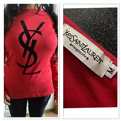 Ysl YVES SAINT LAURENT Logo Rive Gauche Top T-Shirt Red Medium 100% AUTHENTIC M • £180.49