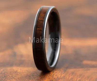 Black Ceramic  Inlaid  Koa Wood 4mm Flat Comfort Fit  Ring • $45