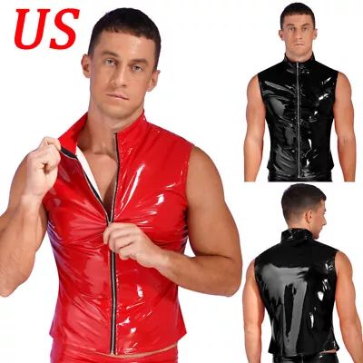 US Men Sleeveless Jackets Wet Look Patent Leather Stand Collar Vest Top Clubwear • $12.36