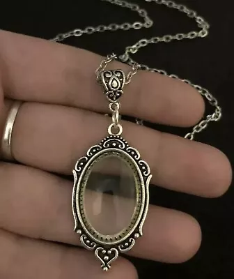 Magnifying Glass Style Necklace Victorian Pendant Long Chain Silver Cameo Gift • £10.95