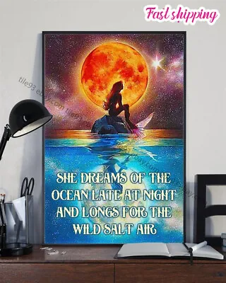 Mermaid She Dreams Of The Ocean Vintage Vintage Home Poster Wall Art Vertical • $14.54