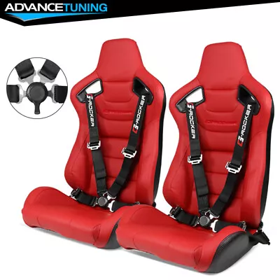 Reclinable Racing Seat + Dual Sliders Red PU & Carbon Leather Cam-lock Belt X2 • $400.99