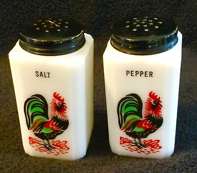 Vintage Tipp City Milk Glass ROOSTER Salt And Pepper Shakers Colorful Pair 4” • $14.99