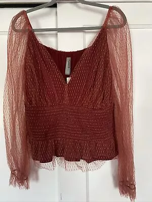 NWT By Anthropologie Smocked Geometrical Tulle  Design Blouse Wine XL • £48.21