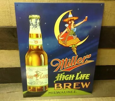 Vintage Miller High Life Brew Beer Tin Metal Sign Garage Classic Server Moon • $19.95