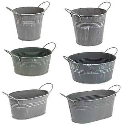 £9.99 • Buy Plant Flower Planter Pot Galvanised Zinc Metal Tin Box Vintage Grey With Handles