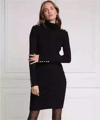 Holland Cooper Black Cable Knit Kensington Polo Neck Midi Jumper Dress M 10 • £56