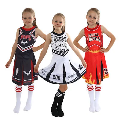 Girls Halloween Cheerleader Fancy Dress Costume Vampire Devil Skeleton Cute Kids • £10.99
