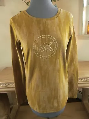 Michael Kors Size Med Beaded Mk Logo Circle Gold Long Sleeve Knit Tee Top • $10