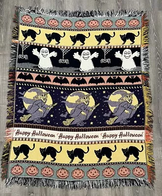 Goodwin Weavers Happy Halloween Tapestry Throw Fringe Blanket Witch Cat Ghost • £57.84