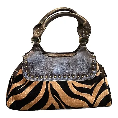 SOPHIA VISCONTI Brown And Tiger Striped Leather Satchel Excellent Condition • $26