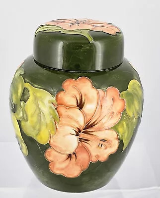 Vintage MOORCROFT Large Hibiscus Green Ginger Jar - Double Paper Labels - 1960's • $210.47