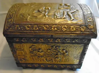 Brass Embossed Wooden Coal/Log Box 40cm Fireplace Storage With Tavern Scene • £45