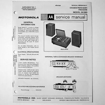 Motorola ® Model SK20D Stereo Phonograph Record Player Service Manual © 1968 • $4.70