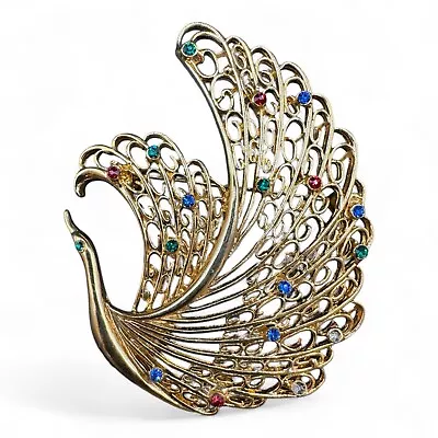 Vintage Gold Tone Graceful Swan With Multi-Colored Rhinestones Brooch • $14