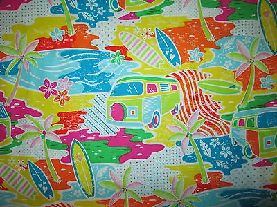 Retro Vw Bus Surf Boards Yellow Bright Colors Cotton Fabric Fq • $3.99