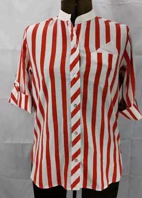 Blouse Vintage 70s Women Rhoda Lee White Red Stripe Secretary S/M Teacher Button • $12.99