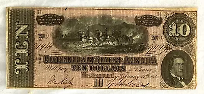 Civil War Confederate States Of America $10 Banknote Dated 1864 • $50