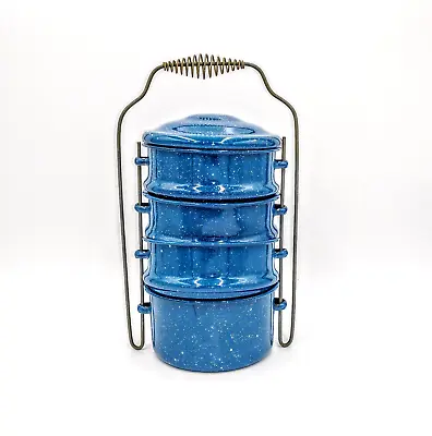 Vintage Miners Lunch Box Pail Graniteware Blue Speckle Enamelware 4 Bowls + Lid • $36