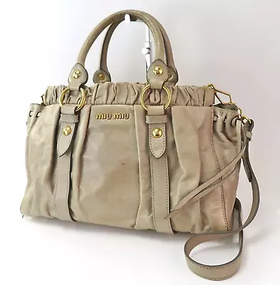Auth MIU MIU Beige Vitello Lux Leather 2-Way Shoulder Bag Purse #56513 • $215.10