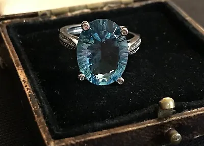 Vintage Style Blue Topaz And White Zircon Ring 18K White Gold Plated • £10.99