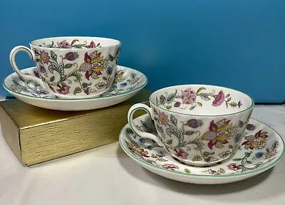 Minton Haddon Hall Green Trim Chintz Bone China 2 Cups~2 Saucers Modern Backstmp • $36.99