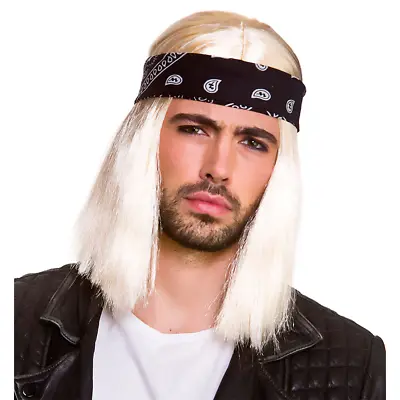 90s Rocker Wig Blonde Mens Fancy Dress Costume Wig + Bandana Blonde New • £7.99