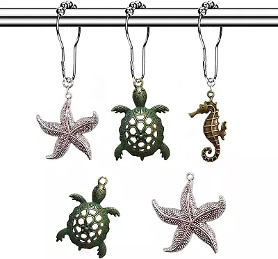 Shower Curtain Hooks Rings - Rustproof Metal Curtain Hangers，Starfish Seahorse T • $16.12