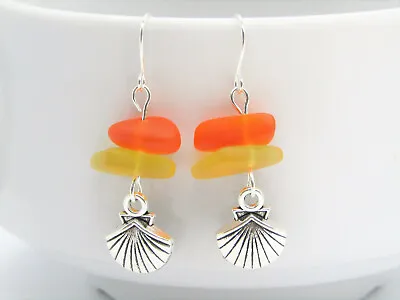 $4.50 • Buy Orange & Yellow Sea Glass Earrings, SEA SHELL Charm
