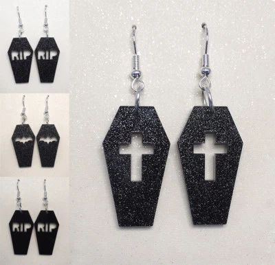 Coffin Earrings Laser Cut Black Glitter Gothic Halloween Spooky Jewellery • $12.50