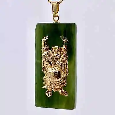 Vintage Laughing Buddha Nephrite Jade Gemstone Rectangle Gold Plated Pendant • $40