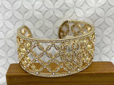 Nadri Crystal Flower Leaves Woven Pavé Wide Cuff Bracelet Gold Tone • $55