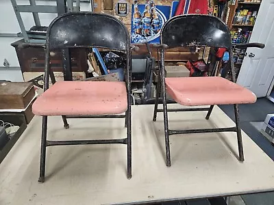 Vintage Metal Folding Chairs With Arms MCM Lot Of 2 Pink & Black Durham • $100